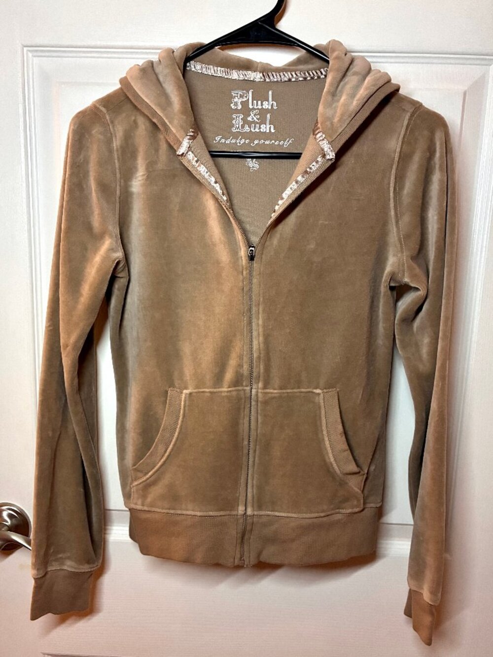 Plush & Lush Velour Zip Hoodie Tan Beige Small Y2K Lounge NWOT